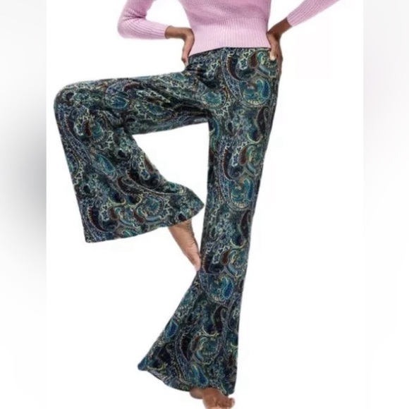 Zara Wide Leg Paisley Printed Flare Leg Pants SZ L - Picture 2 of 8